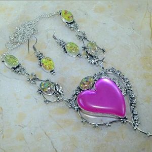 New Rainbow Topaz and Dichroic Glass 925 Silver Necklace & Earrings Set.